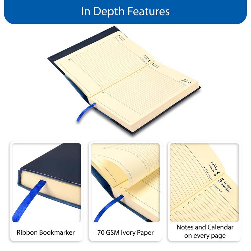 FIS 2026 A5 Diary, 148x210mm, Soft Jacket Italian PU Cover with Sewing, 1 Day Page Format, 384 Pages, Arabic/English, 70gsm Italian Ivory Paper, Blue Cover - FSDI17AE26BL - Image 5