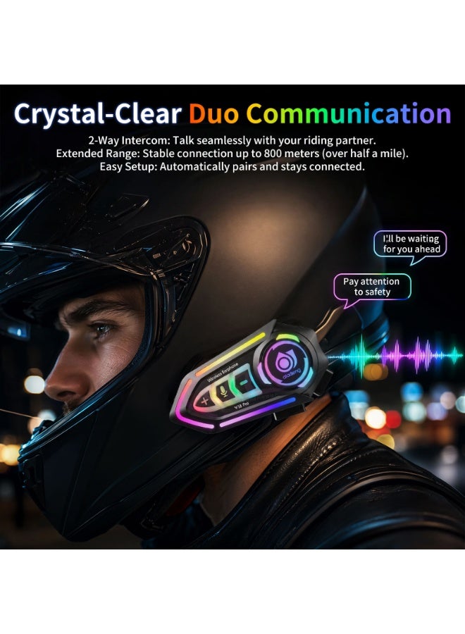Aladeng V18 Pro Bluetooth 5.4 Motorcycle Helmet Headset with Up to 800 m Rider-to-Rider Intercom, Music Sharing, Dual Phone Connection, Voice Assistant, RGB Lights, Compatible with Full & Half Face Helmets - Image 2