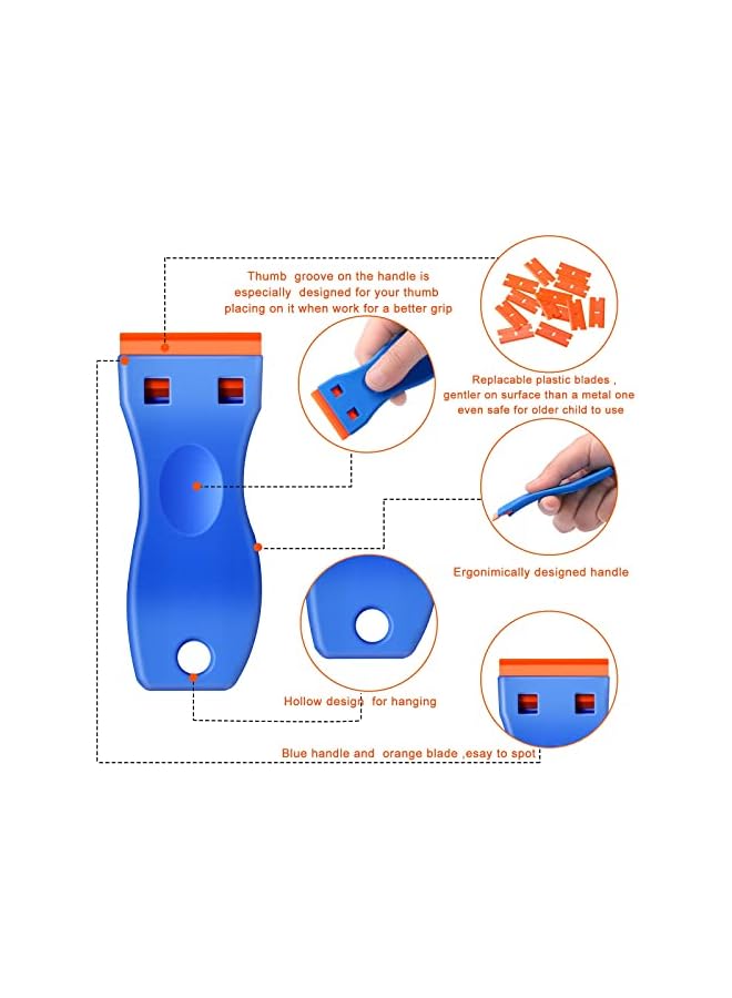 promass 2 Pcs Plastic Razor Blade Scraper and 60 Pcs Blades with Contoured Grip for Scraping Labels and Decals Sticker From Glass, Windshields and Auto Window Tint Vinyl Tool Application - Image 2