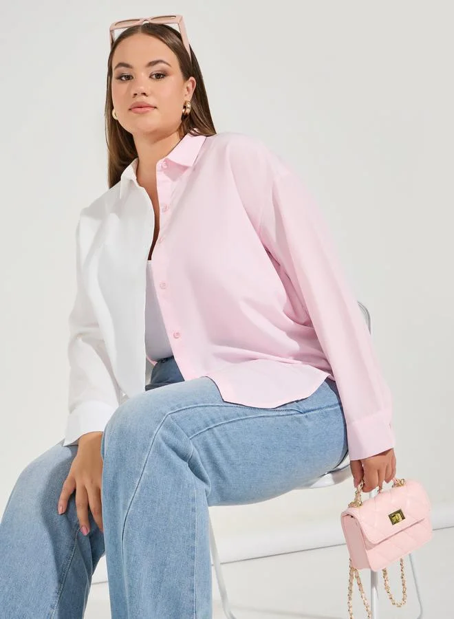 Styli Plus Size Color Block Oversized Button Down Shirt