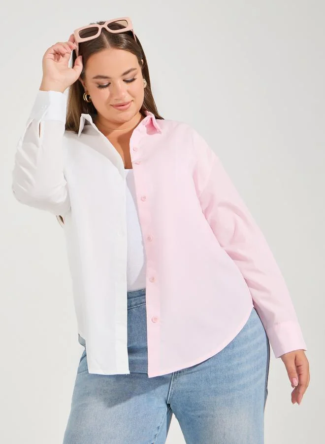Styli Plus Size Color Block Oversized Button Down Shirt