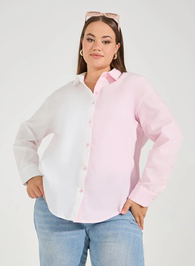 Styli Plus Size Color Block Oversized Button Down Shirt