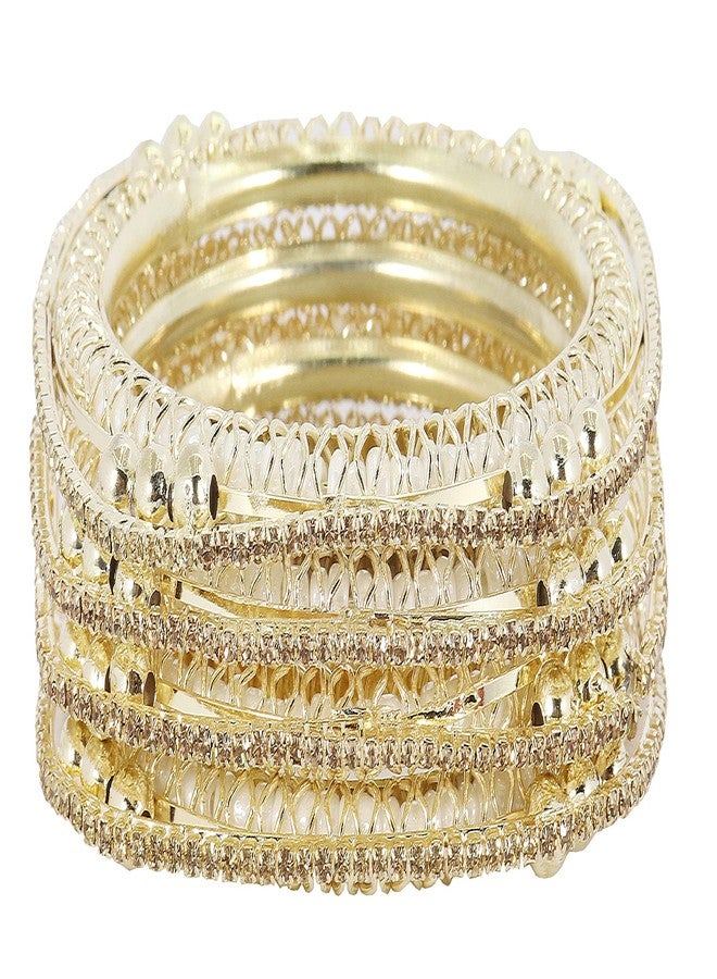 NMII Traditional Golden Metal Zircon Stone & Pearls Moti Kada Bangles Set For Women & Girls | pearl bangles for women | metal bangles | diamond bangles set | -(MAH30_Silver-Gold-2.4) - Image 1