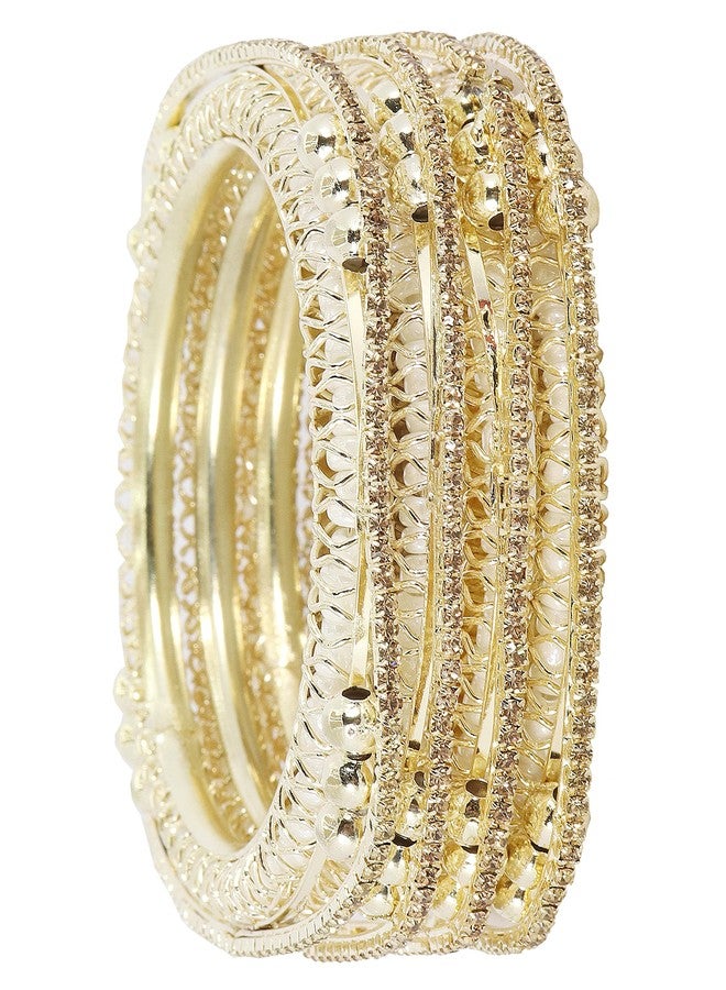 NMII Traditional Golden Metal Zircon Stone & Pearls Moti Kada Bangles Set For Women & Girls | pearl bangles for women | metal bangles | diamond bangles set | -(MAH30_Silver-Gold-2.4) - Image 3