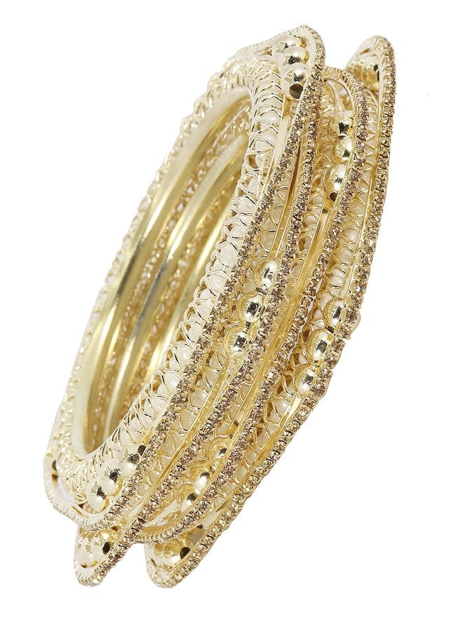 NMII Traditional Golden Metal Zircon Stone & Pearls Moti Kada Bangles Set For Women & Girls | pearl bangles for women | metal bangles | diamond bangles set | -(MAH30_Silver-Gold-2.4) - Image 4