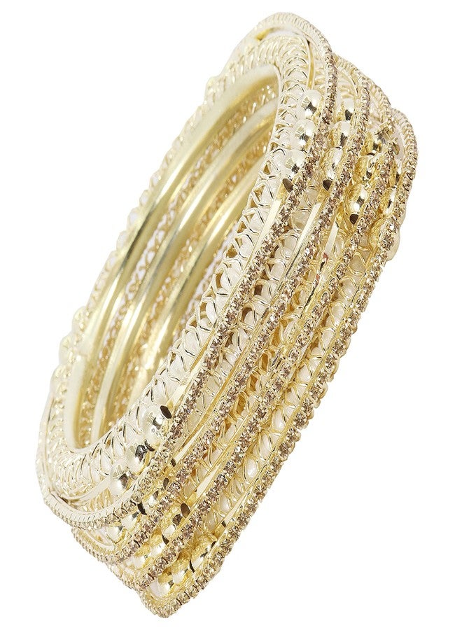 NMII Traditional Golden Metal Zircon Stone & Pearls Moti Kada Bangles Set For Women & Girls | pearl bangles for women | metal bangles | diamond bangles set | -(MAH30_Silver-Gold-2.4) - Image 2