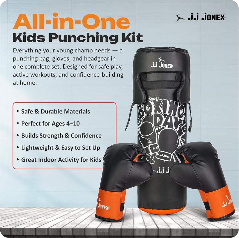 Jonex JJ Sports Kids Boxing Punching Bag Set - Heavy Boxing Bag, Gloves, MMA, Home Gym & Martial Arts Training Equipment | for Boys & Girls for Age 3 4 5 6 7 8 Years | Black Color | - Image 2