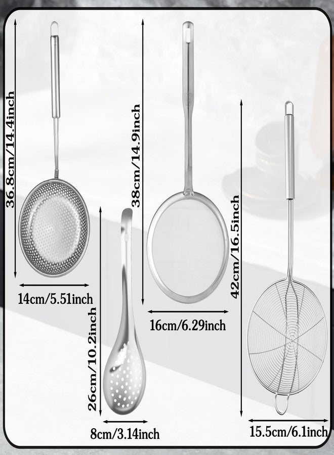 Zyghjort 4 Pieces Spider Strainer Skimmer Spoon Set, Fine Mesh Strainer and Fat Skimmer Spoon Set, Stainless Steel Metal With HoleSieve Food Strainers with Hanging Holes, for Cooking, Fat, Grease, Floating Foa - Image 2