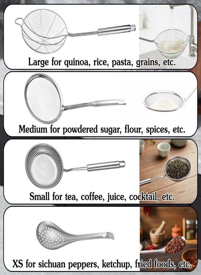 Zyghjort 4 Pieces Spider Strainer Skimmer Spoon Set, Fine Mesh Strainer and Fat Skimmer Spoon Set, Stainless Steel Metal With HoleSieve Food Strainers with Hanging Holes, for Cooking, Fat, Grease, Floating Foa - Image 3