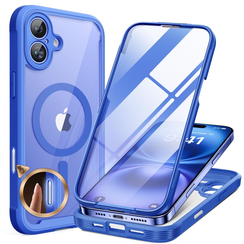 Miracase for iPhone 16 Case 6.1'', [Bubble Free] Full-Body Bumper Phone case with Built-in Full Glass Screen &Lens Protector,No Gap,Compatible with MagSafe,Drop Proof 16 Cover,Blue - Image 1