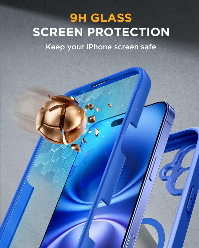 Miracase for iPhone 16 Case 6.1'', [Bubble Free] Full-Body Bumper Phone case with Built-in Full Glass Screen &Lens Protector,No Gap,Compatible with MagSafe,Drop Proof 16 Cover,Blue - Image 4