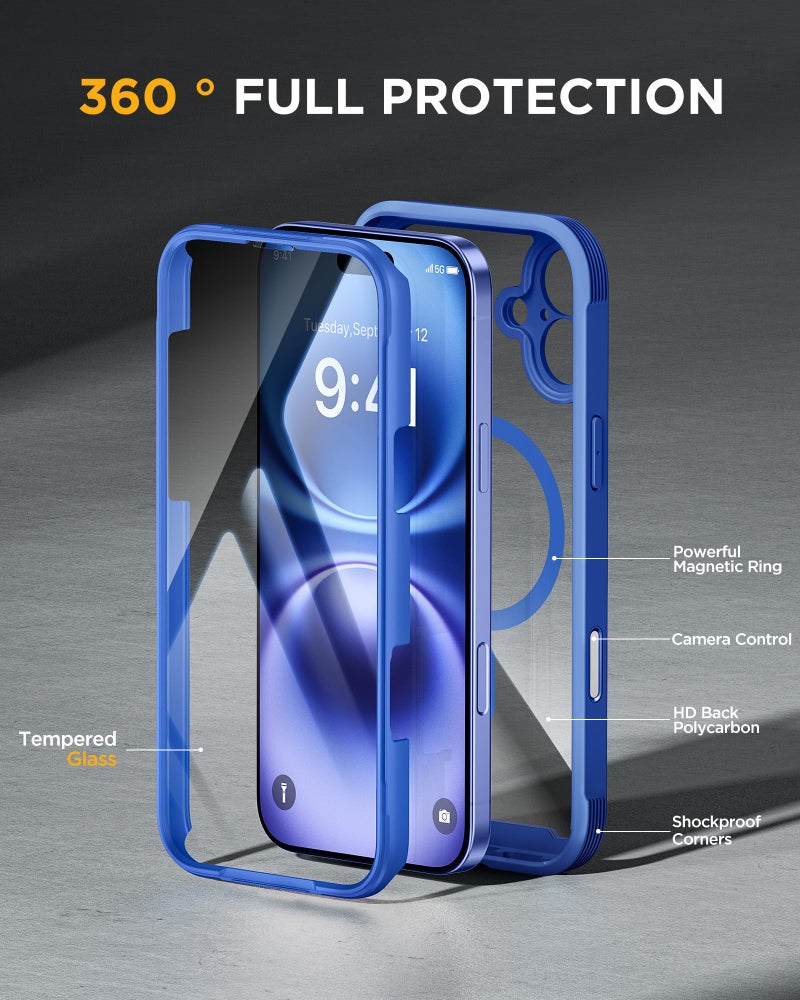 Miracase for iPhone 16 Case 6.1'', [Bubble Free] Full-Body Bumper Phone case with Built-in Full Glass Screen &Lens Protector,No Gap,Compatible with MagSafe,Drop Proof 16 Cover,Blue - Image 3