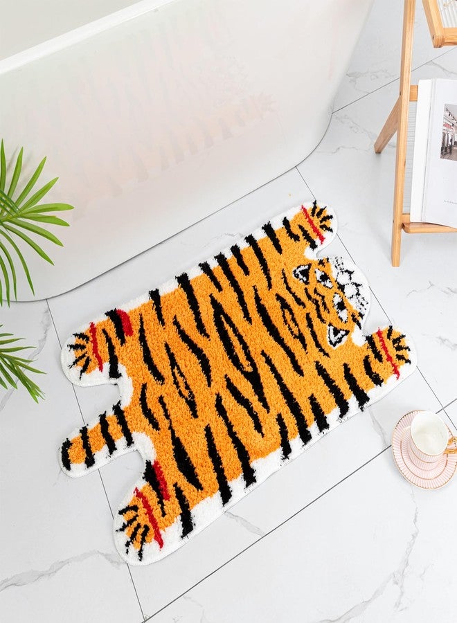 Seek4comfortable Cute Tiger Bath Mat, Orange Yellow Bathroom Rugs Non Slip Tiger Shaped Absorbent Bath Rug Cartoon Animal Bathroom Decor Plush Bathtub Rug for Shower Sink,19.7x35.5in - Image 1