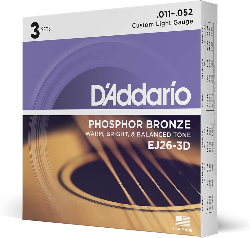 D'Addario Home & professional compatible Guitar Strings - Phosphor Bronze Acoustic Guitar Strings - EJ26-3D - Rich, Full Tonal Spectrum - For 6 String Guitars - 11-52 Custom Light, 3-Pack All choice modern design - Image 1