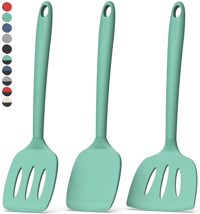 Coukre 3 Pack Silicone Spatula Set, High Heat Resistant, BPA-Free, Fish Spatula, Solid & Slotted Turner for Non-Stick Pans, Flipping Eggs, Pancakes, Fish, Burgers (3, PureAquaGreen) - Image 1