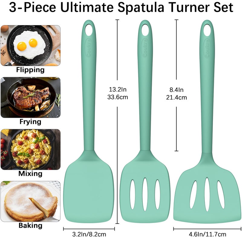 Coukre 3 Pack Silicone Spatula Set, High Heat Resistant, BPA-Free, Fish Spatula, Solid & Slotted Turner for Non-Stick Pans, Flipping Eggs, Pancakes, Fish, Burgers (3, PureAquaGreen) - Image 2
