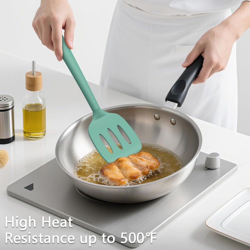 Coukre 3 Pack Silicone Spatula Set, High Heat Resistant, BPA-Free, Fish Spatula, Solid & Slotted Turner for Non-Stick Pans, Flipping Eggs, Pancakes, Fish, Burgers (3, PureAquaGreen) - Image 4