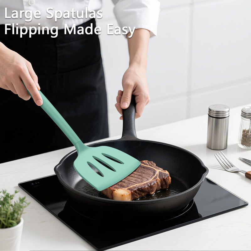 Coukre 3 Pack Silicone Spatula Set, High Heat Resistant, BPA-Free, Fish Spatula, Solid & Slotted Turner for Non-Stick Pans, Flipping Eggs, Pancakes, Fish, Burgers (3, PureAquaGreen) - Image 3