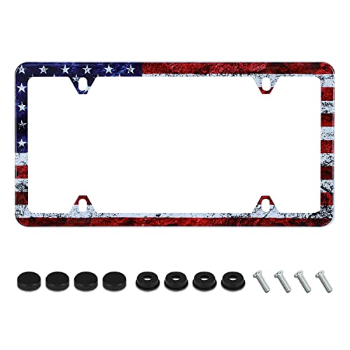 UNINDREM Vintage American Flag License Plate Frame Patriotic USA Flag License Plate Holder Stainless Steel Auto Parts Decoration with Screws for Men Women License Plate 4 Holes 1pcs - Image 1