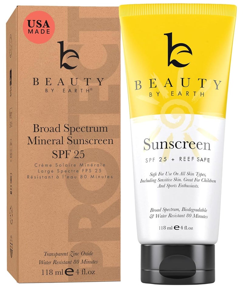 Beauty by Earth Mineral Sunscreen SPF 25  USA Made Zinc Oxide Baby  Kids Sunscreen Reef Friendly Sun Screen With Natural  Organic Ingredients Lightweight  Fast Absorbing Lotion for All Skin Types