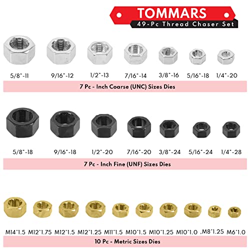 TOMMARS 49-Piece Thread Chaser Set Repair Kit, UNC UNF & Metric with Taps, Dies, and Thread Files for Rethreading and Restoration - Image 2