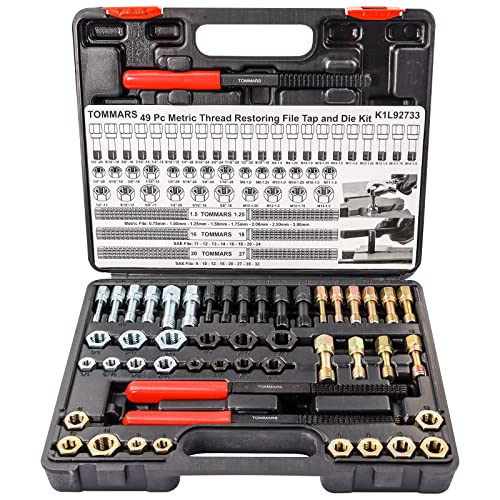 TOMMARS 49-Piece Thread Chaser Set Repair Kit, UNC UNF & Metric with Taps, Dies, and Thread Files for Rethreading and Restoration - Image 1