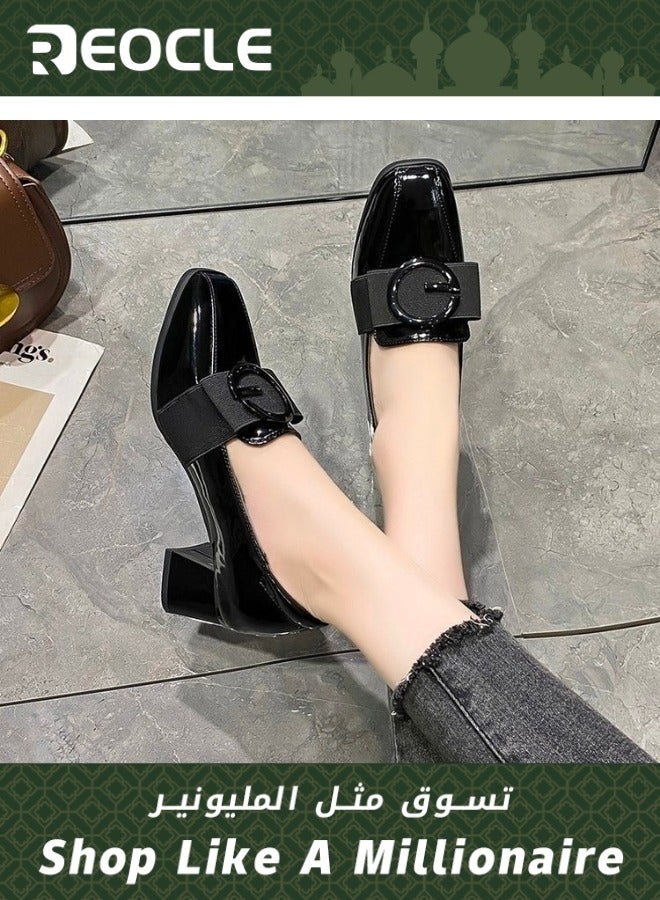 REOCLE Women's Platform Loafers Chunky Closed Toe Low Block Heels Work Pumps Comfortable Round Toe Dress Wedding Shoes Leather Shoes - Image 1