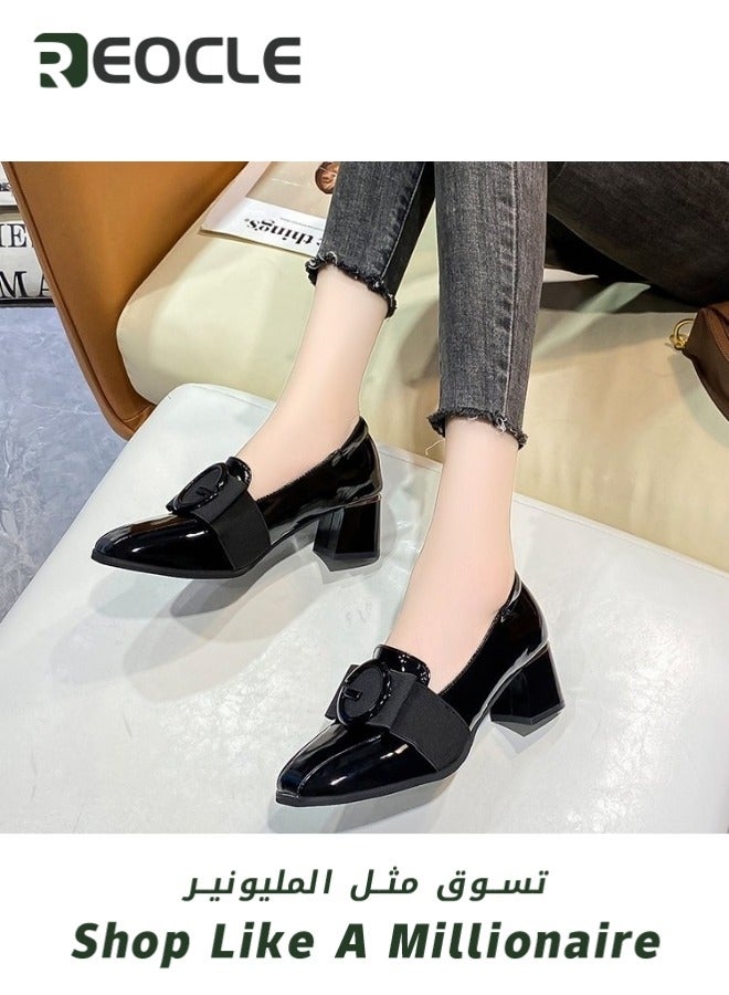 REOCLE Women's Platform Loafers Chunky Closed Toe Low Block Heels Work Pumps Comfortable Round Toe Dress Wedding Shoes Leather Shoes - Image 2