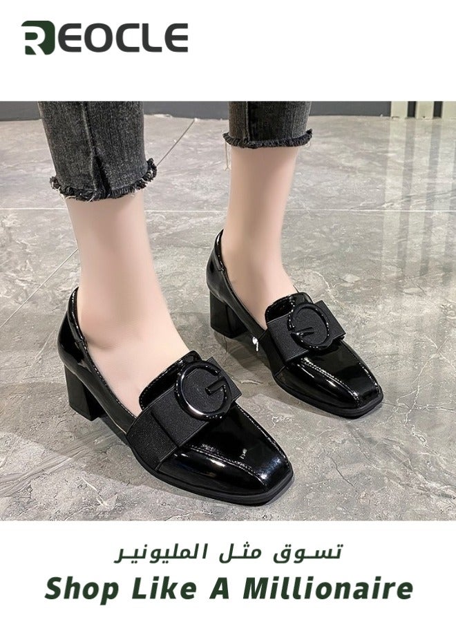 REOCLE Women's Platform Loafers Chunky Closed Toe Low Block Heels Work Pumps Comfortable Round Toe Dress Wedding Shoes Leather Shoes - Image 4