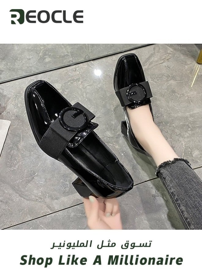 REOCLE Women's Platform Loafers Chunky Closed Toe Low Block Heels Work Pumps Comfortable Round Toe Dress Wedding Shoes Leather Shoes - Image 3