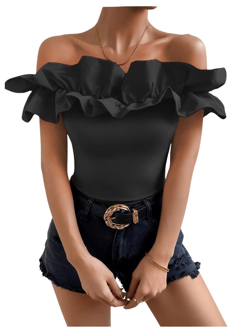 OYOANGLE Women's Ruffle Trim Off Shoulder Long Sleeve Blouse Party Tops Shirt Black Solid M - Image 5