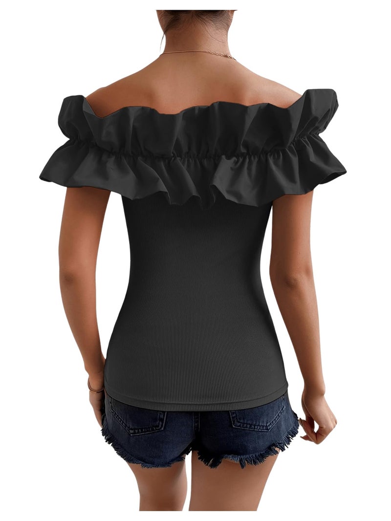 OYOANGLE Women's Ruffle Trim Off Shoulder Long Sleeve Blouse Party Tops Shirt Black Solid M - Image 2