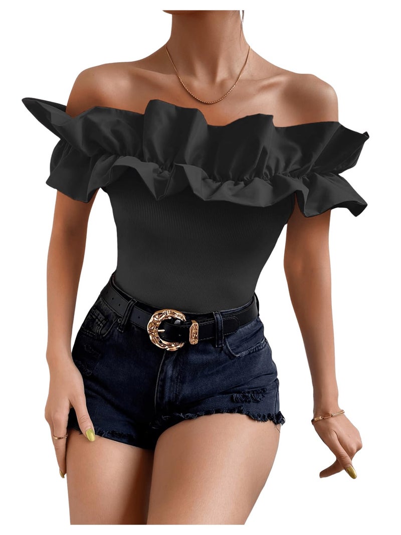 OYOANGLE Women's Ruffle Trim Off Shoulder Long Sleeve Blouse Party Tops Shirt Black Solid M - Image 4