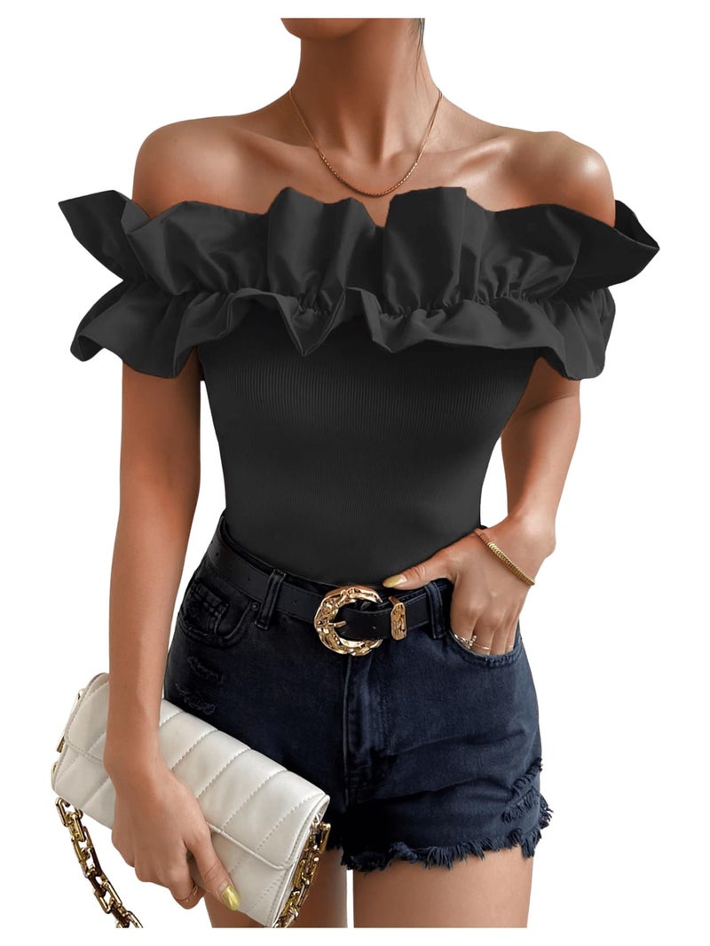 OYOANGLE Women's Ruffle Trim Off Shoulder Long Sleeve Blouse Party Tops Shirt Black Solid M - Image 1