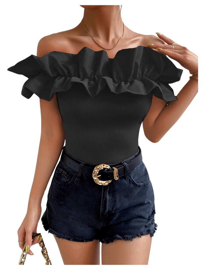 OYOANGLE Women's Ruffle Trim Off Shoulder Long Sleeve Blouse Party Tops Shirt Black Solid M - Image 3