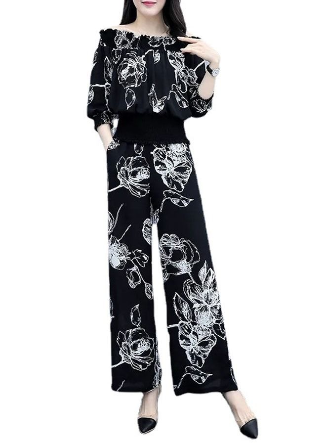 ZCM-HAPPY Fashion Ladies Casual Suit One Shoulder Top Wide Leg Pants Set  - Image 1