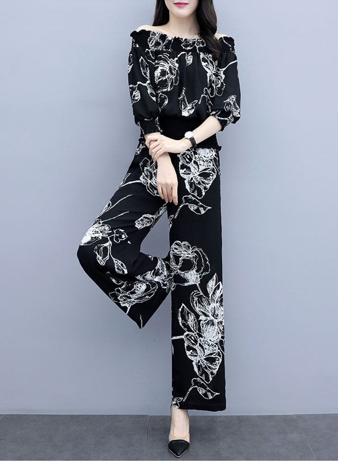 ZCM-HAPPY Fashion Ladies Casual Suit One Shoulder Top Wide Leg Pants Set  - Image 2