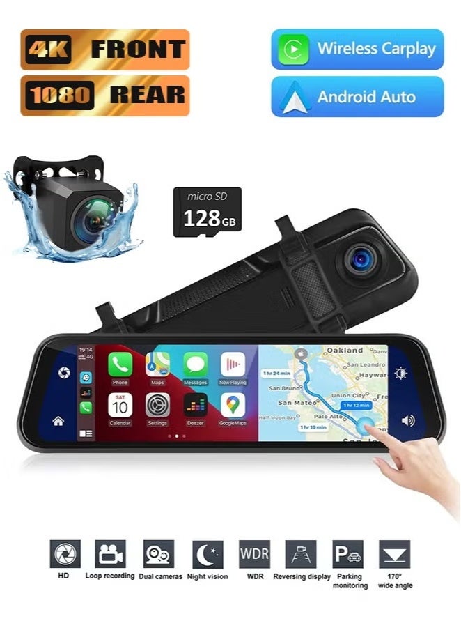 شو وو كاميرا مرآة الرؤية الخلفية مع Carplay وAndroid Auto، كاميرا لوحة القيادة الأمامية والخلفية بدقة 1080 بكسل مقاس 9.66 بوصة مع التحكم الصوتي، والرؤية الليلية، ومراقبة وقوف السيارات، ومساعدة الرجوع للخلف، وبطاقة مجانية 128 جيجابايت للسيارات والشاحنات - Image 1
