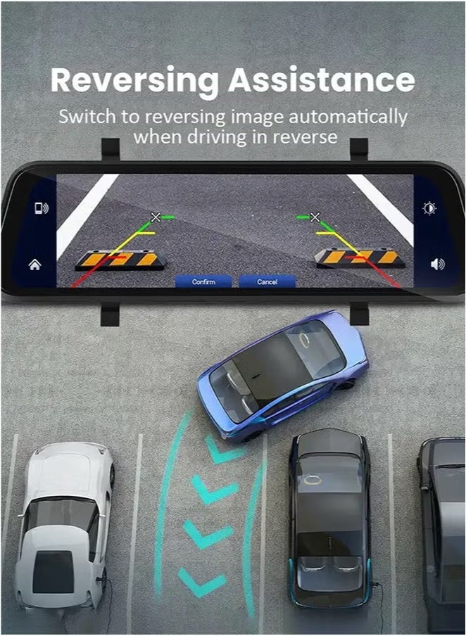 شو وو كاميرا مرآة الرؤية الخلفية مع Carplay وAndroid Auto، كاميرا لوحة القيادة الأمامية والخلفية بدقة 1080 بكسل مقاس 9.66 بوصة مع التحكم الصوتي، والرؤية الليلية، ومراقبة وقوف السيارات، ومساعدة الرجوع للخلف، وبطاقة مجانية 128 جيجابايت للسيارات والشاحنات - Image 2