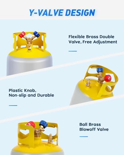 FAHKNS Refrigerant Recovery Tank 50 LB with 1/4 SAE Y-Valve Liquid/Vapor Reclaim Tank AC Freon Recovery Tank Refrigerant Recovery Cylinder Tank Reusable Cylinder Tank Without Float Switch Gray Yellow - Image 5