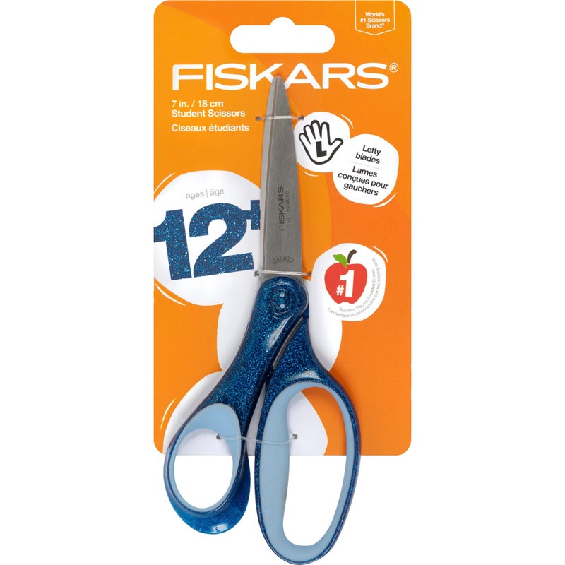 Fiskars 7 SoftGrip LeftHanded Student Glitter Scissors for Kids 12 LeftHanded Scissors for School or Crafting Back to School Supplies Blue Glitter