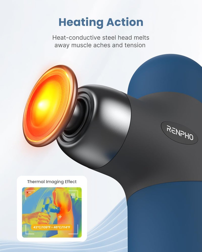 RENPHO Mini Thermal Massage Gun with Heat Portable Deep Tissue Percussion Massager Color Silicone Sleeves Travel Size with Carry Case Aegean Blue - Image 4