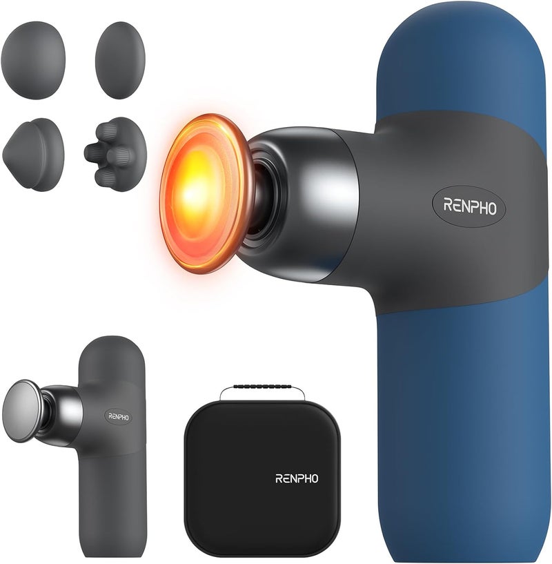 RENPHO Mini Thermal Massage Gun with Heat Portable Deep Tissue Percussion Massager Color Silicone Sleeves Travel Size with Carry Case Aegean Blue - Image 1