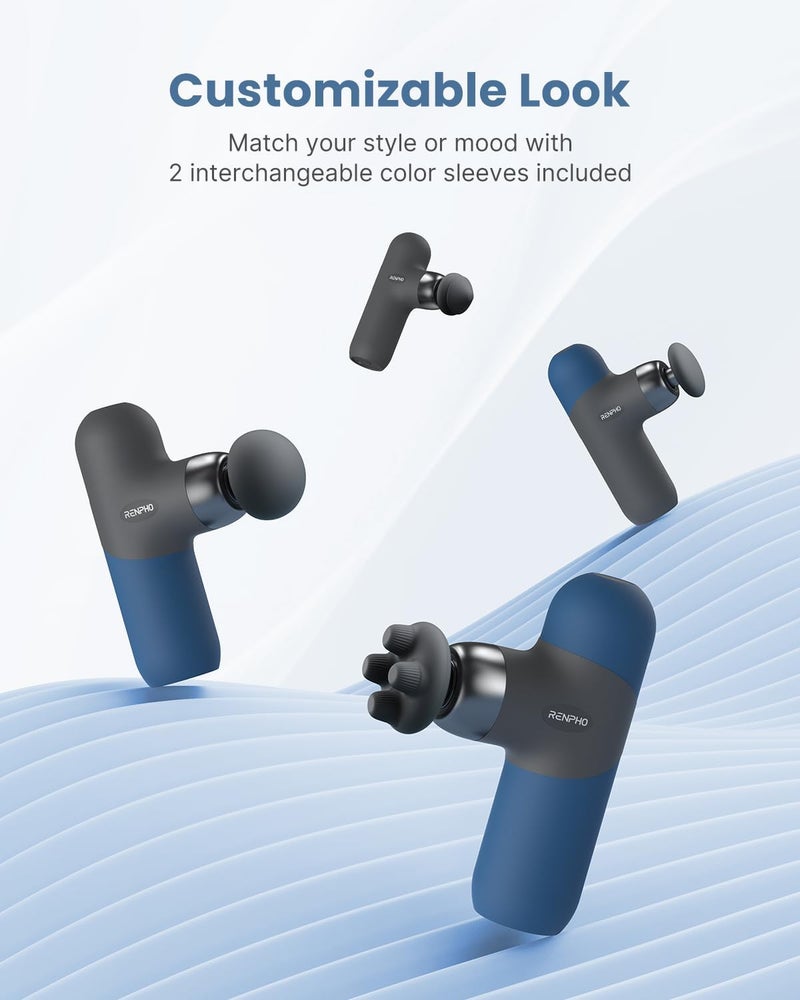 RENPHO Mini Thermal Massage Gun with Heat Portable Deep Tissue Percussion Massager Color Silicone Sleeves Travel Size with Carry Case Aegean Blue - Image 2