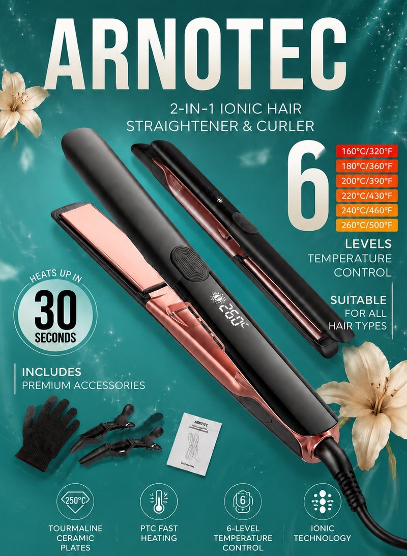 ARNOTEC مستقيم الشعر ومجعد السيراميك 2 في 1 يسخن حتى 260 درجة مئوية مكواة مسطحة سيراميكية بتقنية الأيونات 15 إعداد لدرجة الحرارة لوحات عائمة مع ردود فعل اهتزازية - Image 1