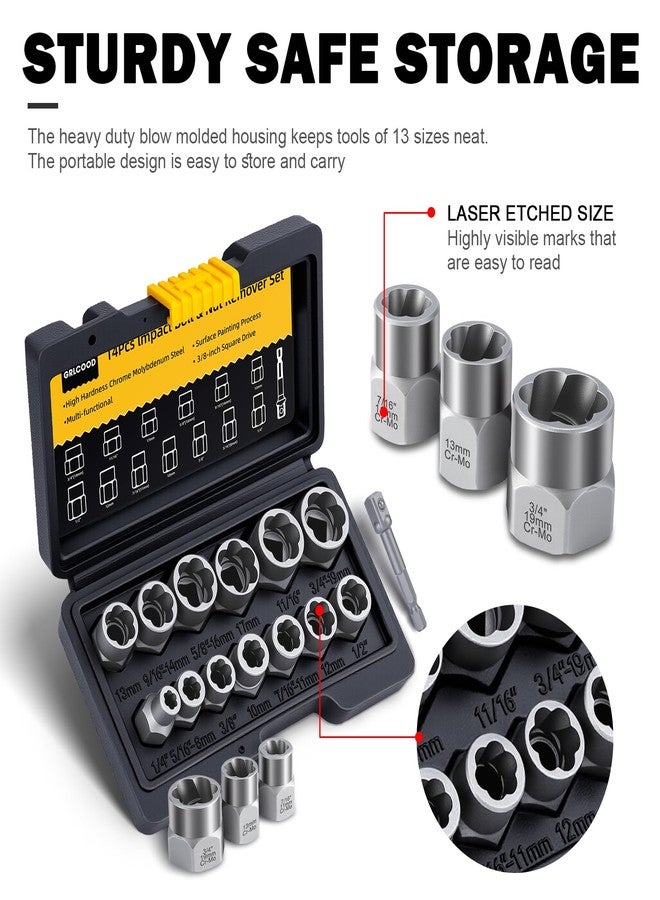 GRLCOOD Bolt Extractor Kit, 14 PCS Impact Bolt & Nut Remover Set with 3/8 Inch Adapter, Upgrade Stripped Bolt Extractor Socket Set with Portable Tool Box, Easy Out for Rusted, Damaged, Round Bolt Nuts Screws - Image 5