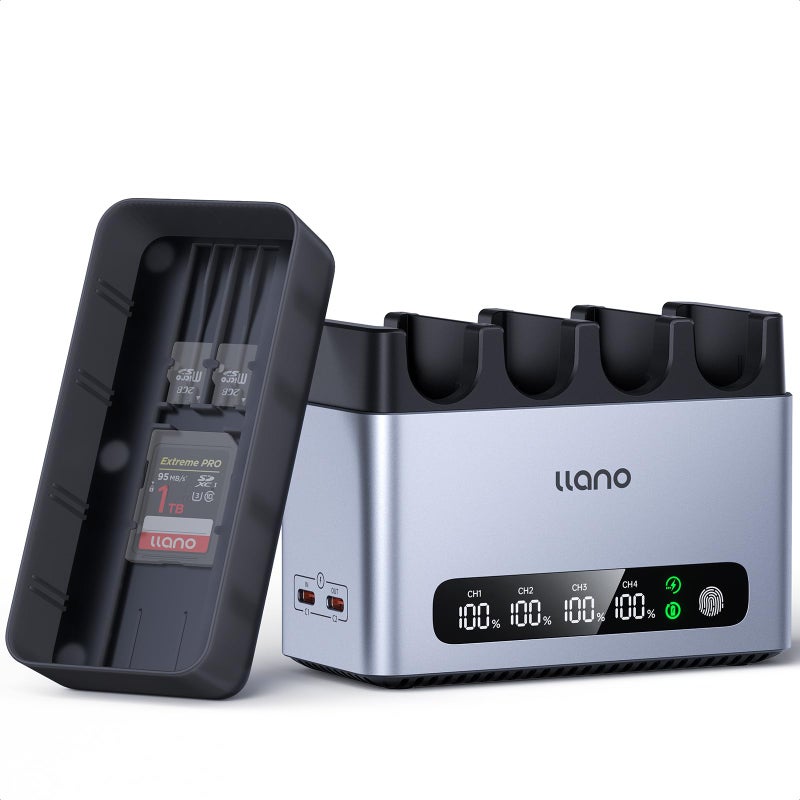 llano شاحن llano 65W بأربعة فتحات EN-EL15C لكاميرات نيكون Z8، ZR، Z7II، Z5II، ZF، Z6III، D850، Z7، Z6II، Z6، D7500، D750، D7200، هيكل من الألمنيوم CNC لتبديد الحرارة، شاشة LED تعمل باللمس، شحن عكسي بقوة 15W - Image 1