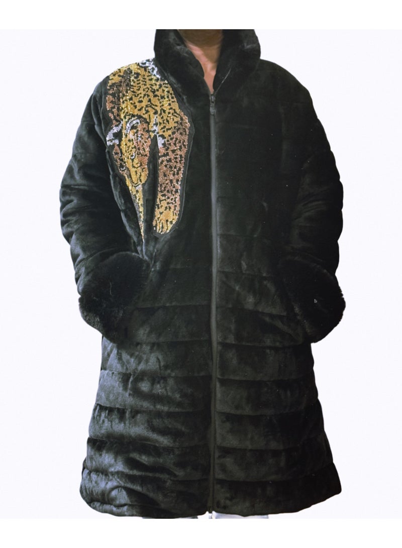 A heavy, thick padded faux fur coat for winter, size Large - Image 1