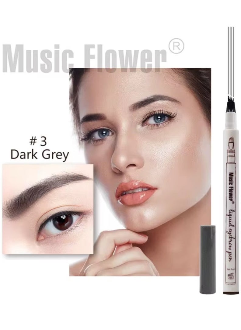 Music Flower Liquid Eyebrow Pen Eyebrow Pencil Waterproof Smudge Proof Long Lasting Fine Sketch Brow Pen with 4 Micro Fork Tip Liquid Tattoo Microblading Eyebrow Pen Brow Ink Gel Dark Grey 03  - Image 2