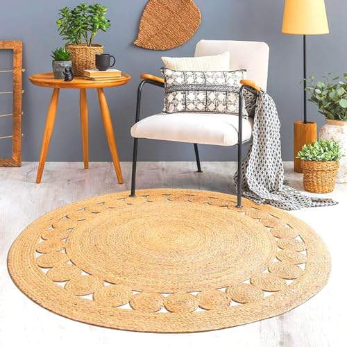 KEMA Jute Area Rug 3ft Round Natual Braided Dot Handwoven Rug Rustic Vintage Reversible Boho Area Rugs for Farmhouse Living Room Bedroom Patio Kitchen - Image 3
